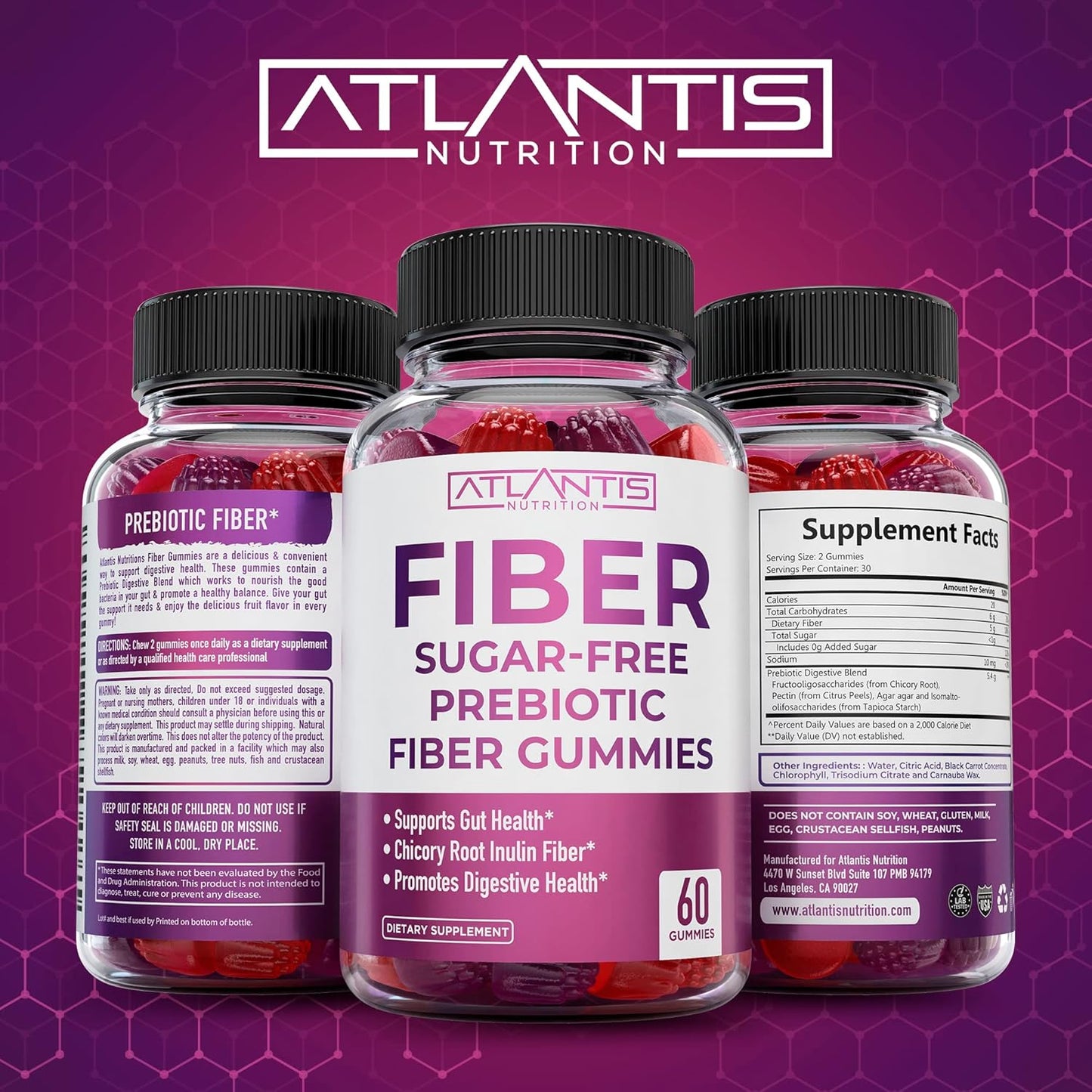 2-Pack Atlantis Nutrition Sugar Free Prebiotic Fiber Gummies with Strength & Stamina Enhancer - 120 Gummies for Adults