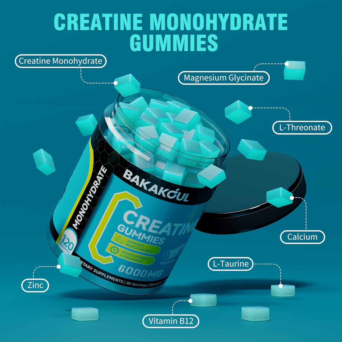 2 Pack BAKAKOUL Creatine Monohydrate Gummies 5g - 120 Sugar Free Gummies with Magnesium Glycinate, L-Threonate, L-Taurine, Vitamin B12 for Muscle Support, Energy Boost - Men & Women's Supplement