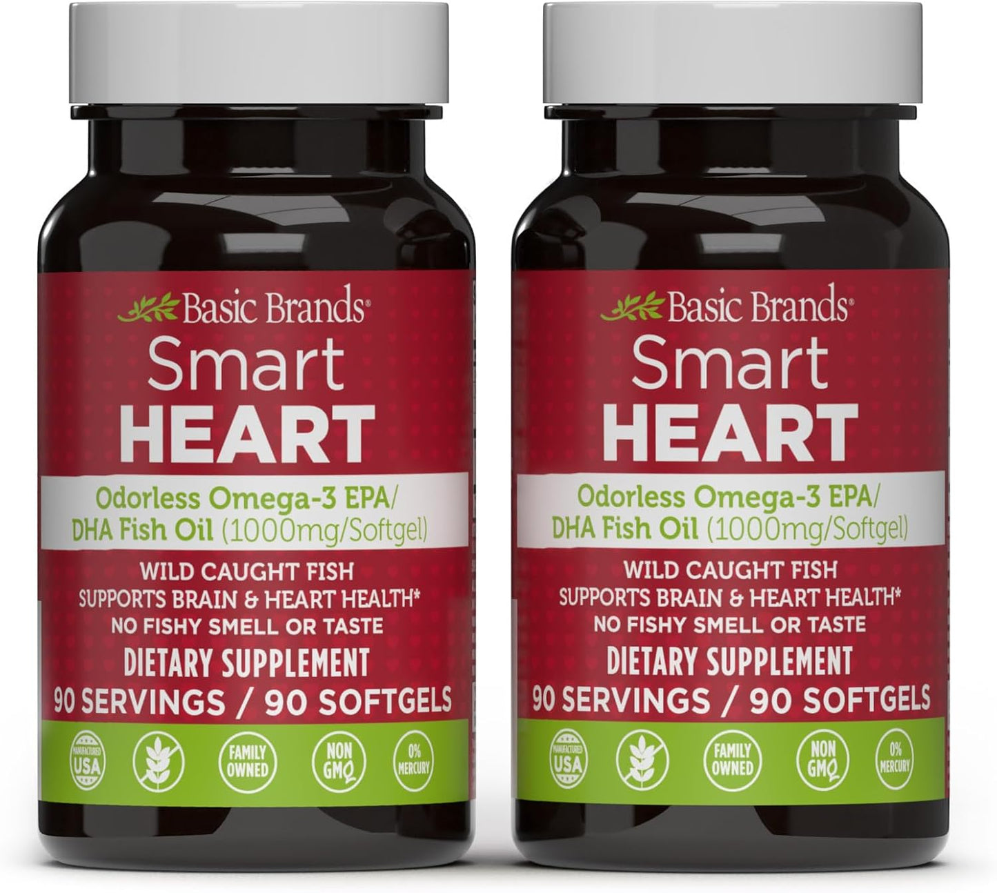 2-Pack Basic Brands Smart Heart Odorless Omega-3 Fish Oil Softgels - Triple Strength EPA & DHA, Non-GMO, Heart & Cognitive Support - 90 Burpless