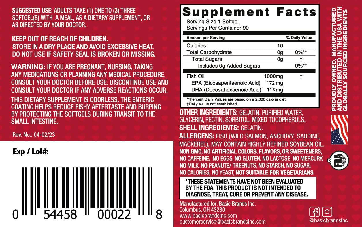 2-Pack Basic Brands Smart Heart Odorless Omega-3 Fish Oil Softgels - Triple Strength EPA & DHA, Non-GMO, Heart & Cognitive Support - 90 Burpless