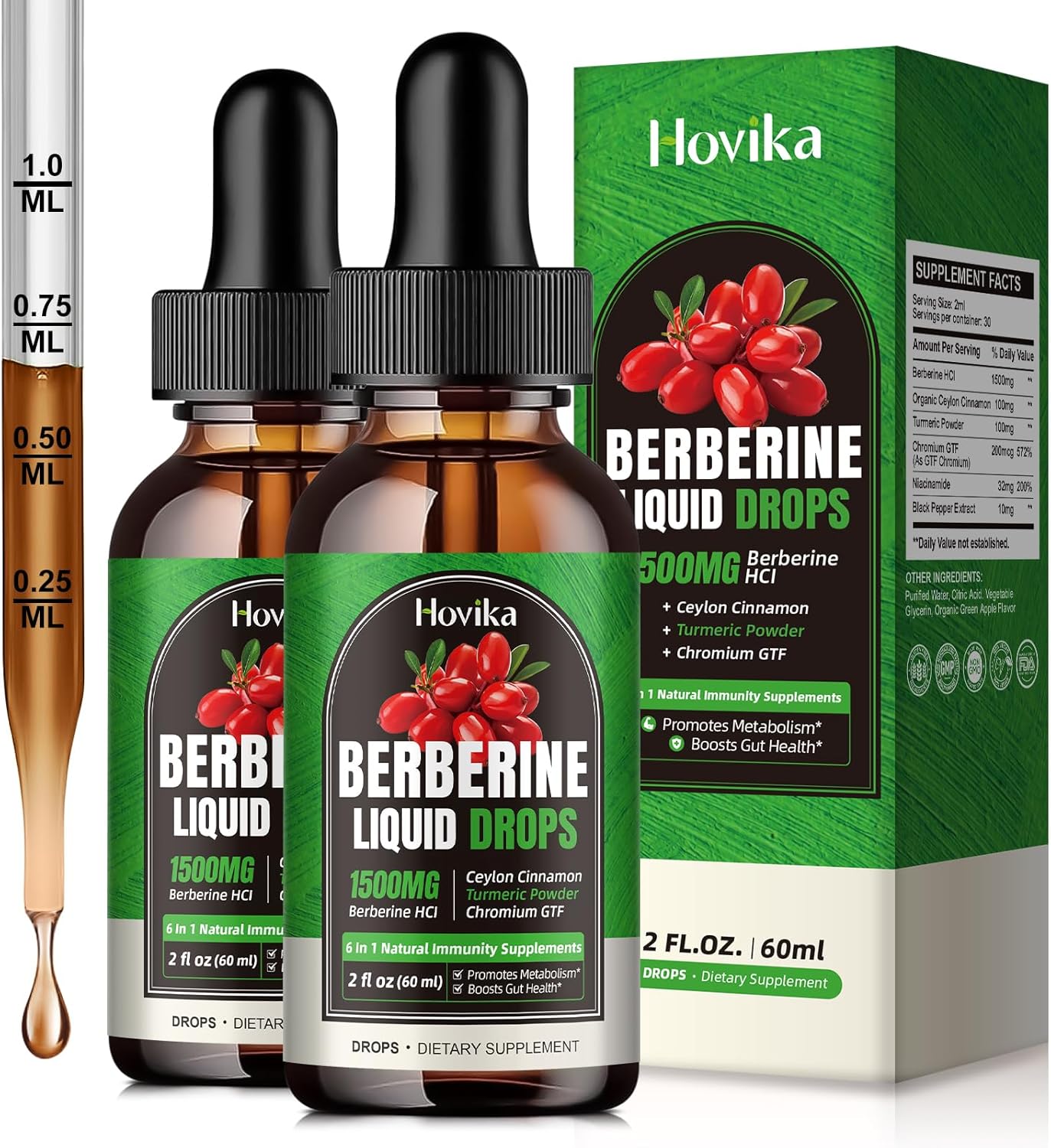 2 Pack Berberine HCL Liquid Drops - 1500mg Supplement with Ceylon Cinnamon, Chromium, Turmeric, Niacinamide - Supports Metabolism, Immune System, Gut Health Vegan