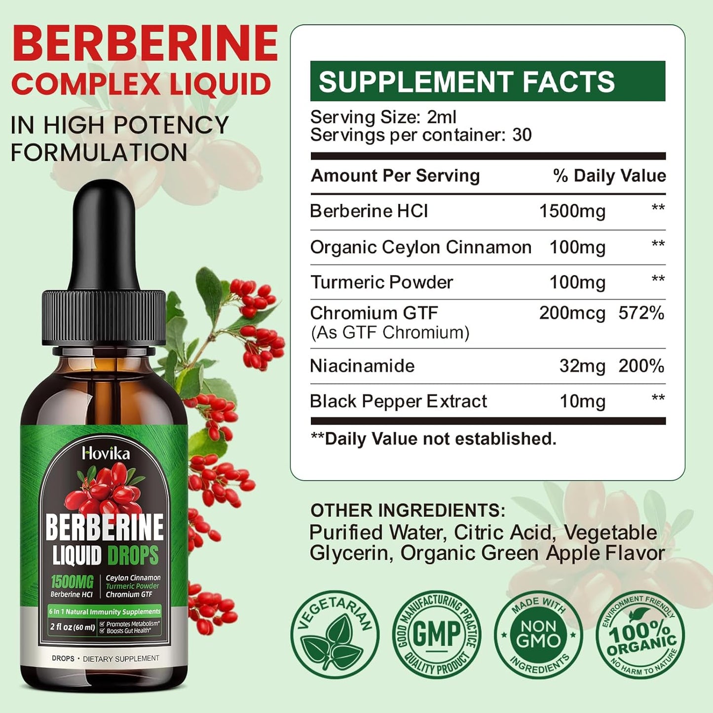 2 Pack Berberine HCL Liquid Drops - 1500mg Supplement with Ceylon Cinnamon, Chromium, Turmeric, Niacinamide - Supports Metabolism, Immune System, Gut Health Vegan