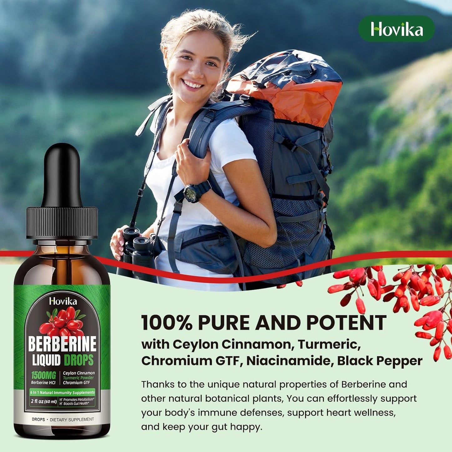 2 Pack Berberine HCL Liquid Drops - 1500mg Supplement with Ceylon Cinnamon, Chromium, Turmeric, Niacinamide - Supports Metabolism, Immune System, Gut Health Vegan