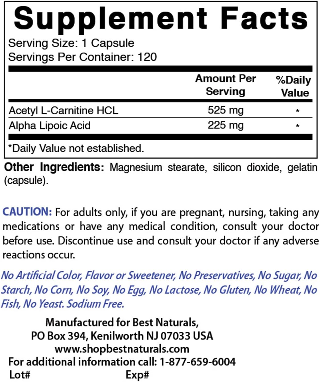 2-Pack Best Naturals Acetyl L-Carnitine and Alpha Lipoic Acid 750mg 120 Capsules - 240 Count total