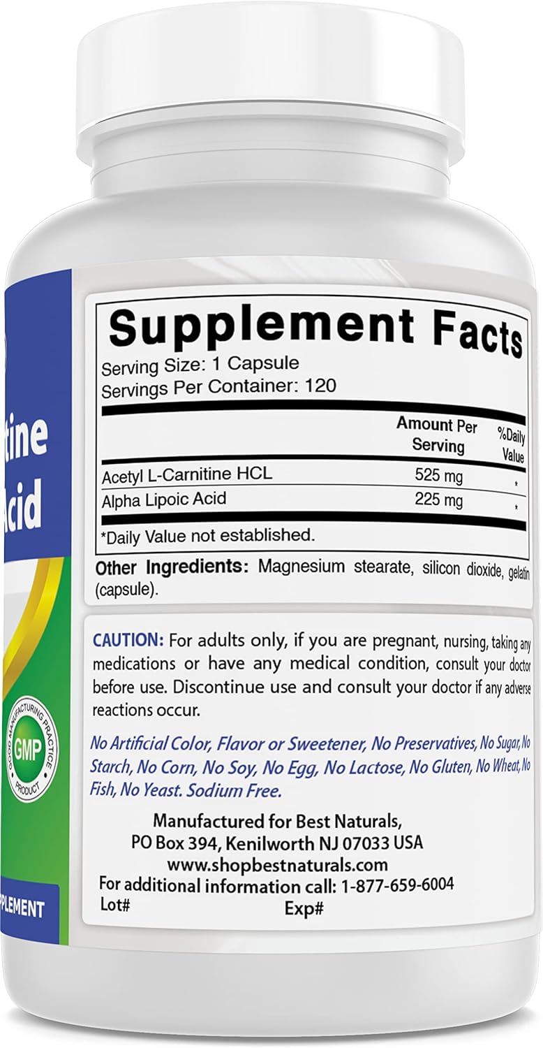 2-Pack Best Naturals Acetyl L-Carnitine and Alpha Lipoic Acid 750mg 120 Capsules - 240 Count total
