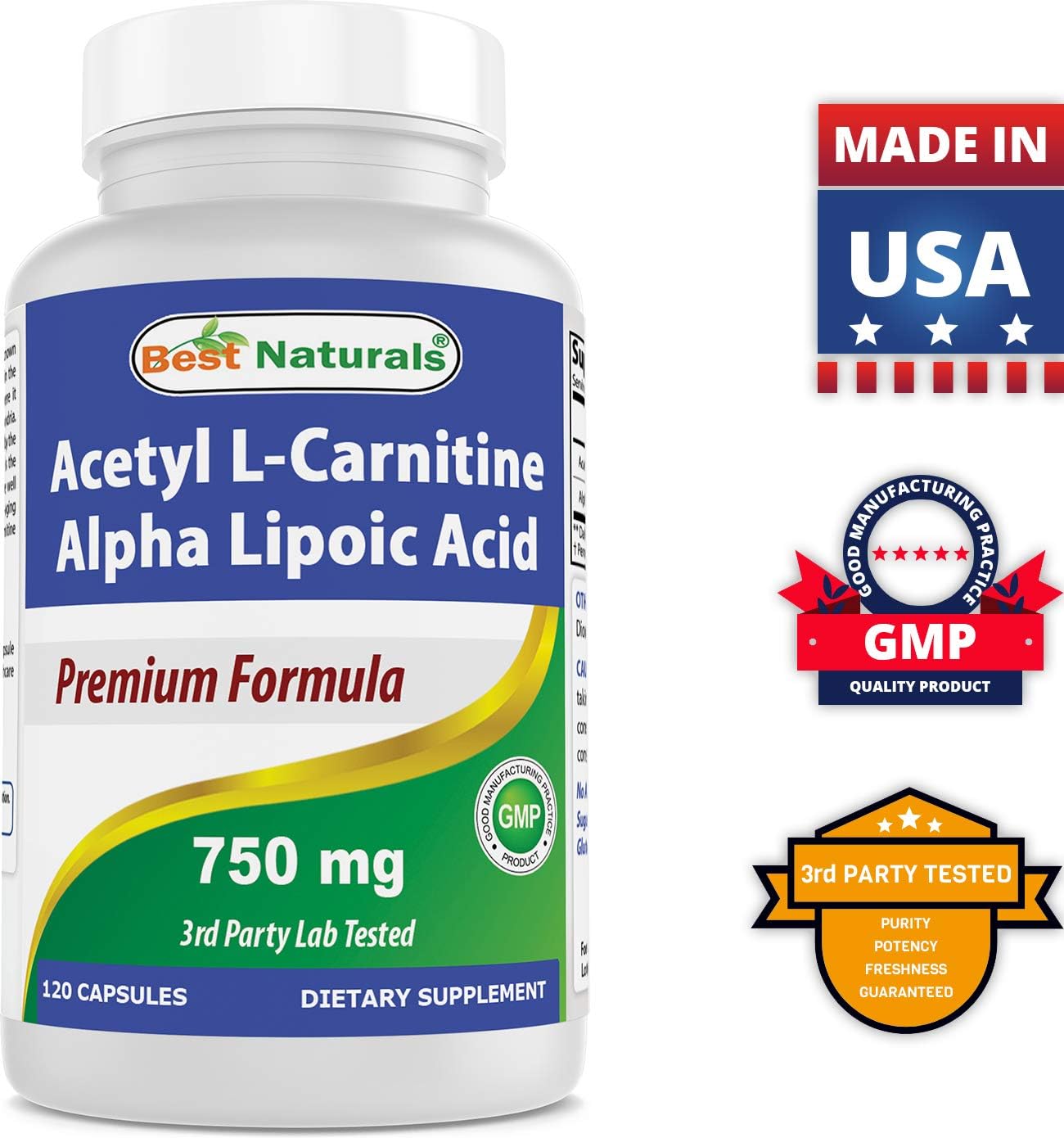 2-Pack Best Naturals Acetyl L-Carnitine and Alpha Lipoic Acid 750mg 120 Capsules - 240 Count total