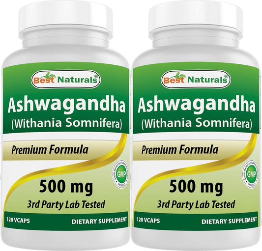 2 Pack Best Naturals Ashwagandha Capsules 500mg - 120 Count Each - Stress Relief and Mood Support - 240 Total Capsules