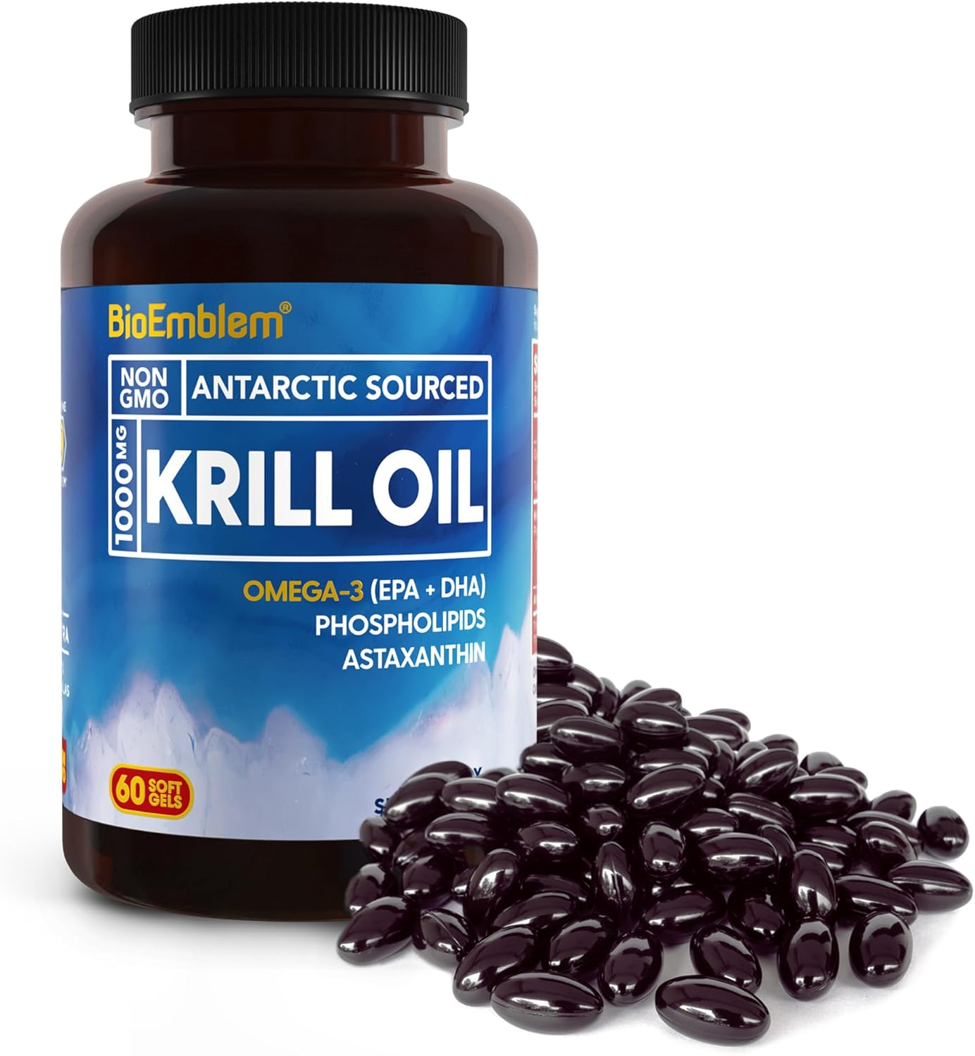 2 Pack BioEmblem Antarctic Krill Oil Softgels 1000mg - High EPA + DHA, Astaxanthin, Phospholipids - Brain Health Support - 120ct Non-GMO, Gluten Free - 60 Day Supply