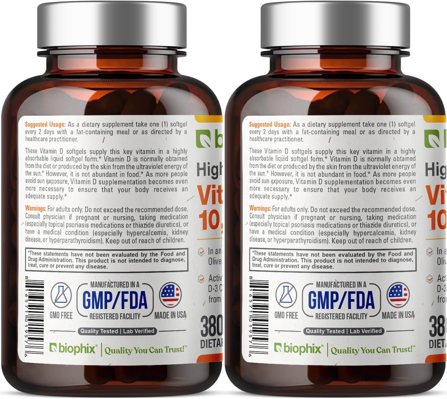 2 Pack Biophix Vitamin D-3 10000 IU Softgels - High-Potency in Extra Virgin Olive Oil for Strong Bones & Immune Health