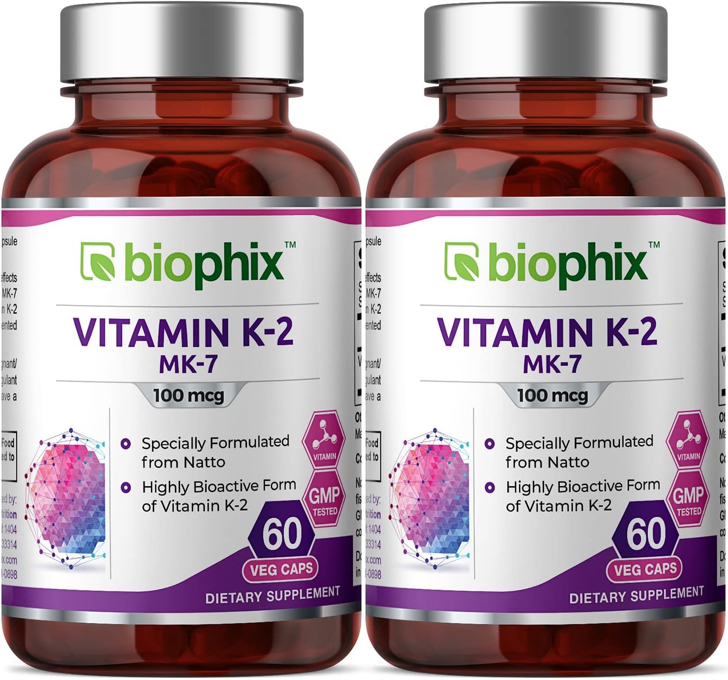 2 Pack Biophix Vitamin K2 MK-7 100mcg Vcaps for Strong Bones & Immune Health