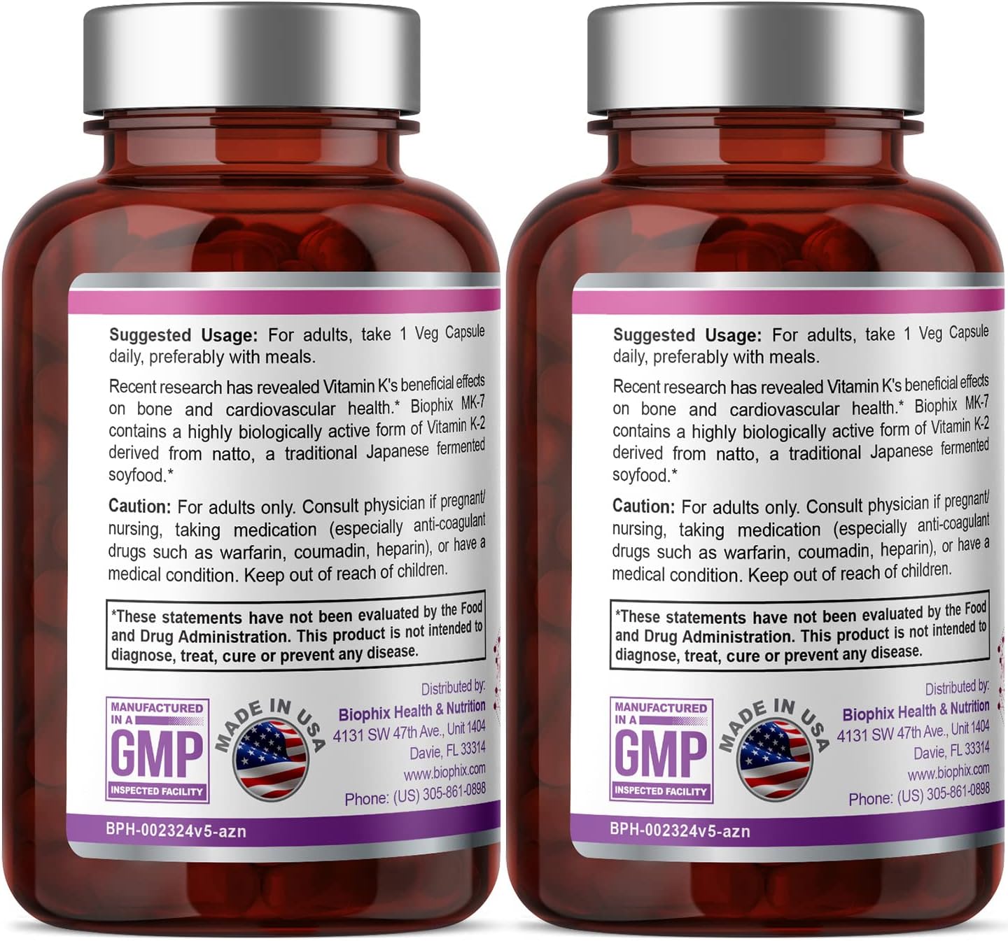 2 Pack Biophix Vitamin K2 MK-7 100mcg Vcaps for Strong Bones & Immune Health