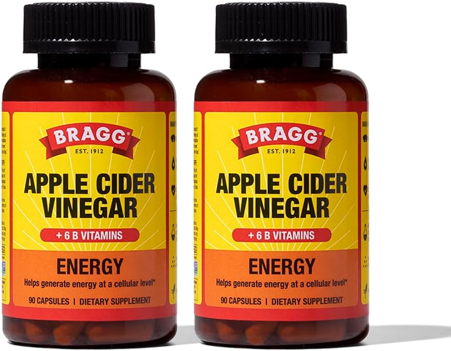 2 Pack Bragg Energy Apple Cider Vinegar Capsules with B Vitamins - 90 Capsules - Boosts Cellular Energy Production