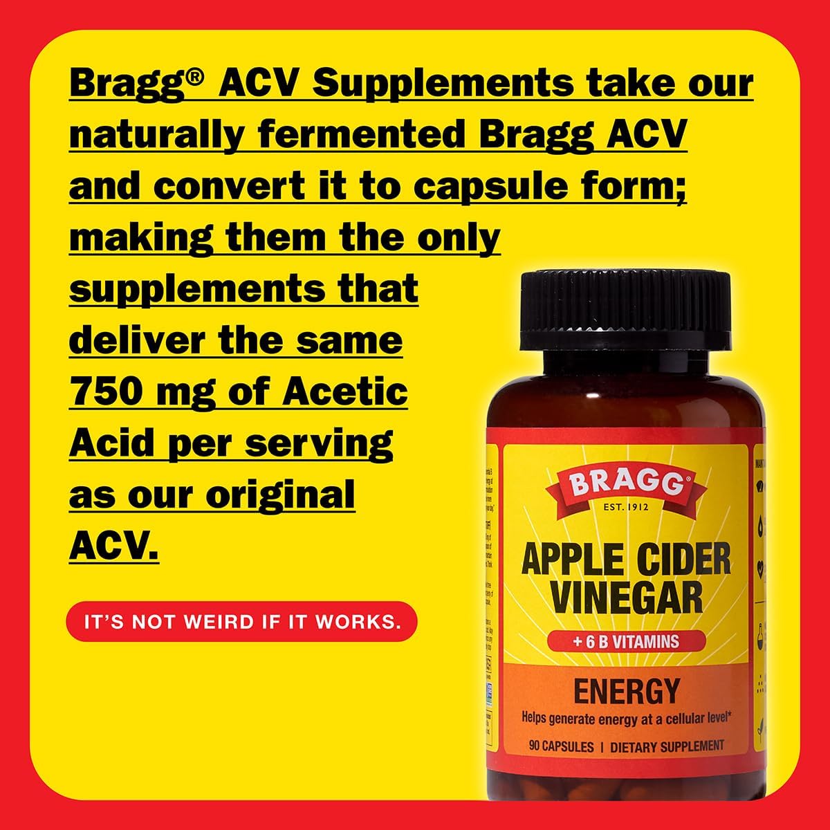 2 Pack Bragg Energy Apple Cider Vinegar Capsules with B Vitamins - 90 Capsules - Boosts Cellular Energy Production