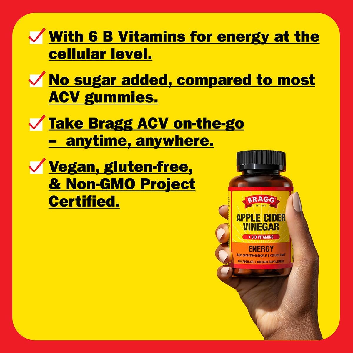 2 Pack Bragg Energy Apple Cider Vinegar Capsules with B Vitamins - 90 Capsules - Boosts Cellular Energy Production