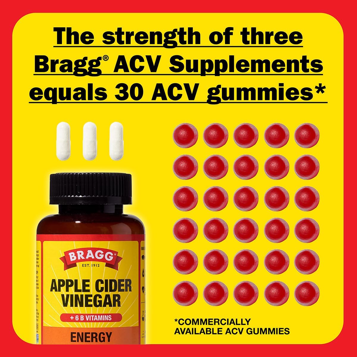 2 Pack Bragg Energy Apple Cider Vinegar Capsules with B Vitamins - 90 Capsules - Boosts Cellular Energy Production