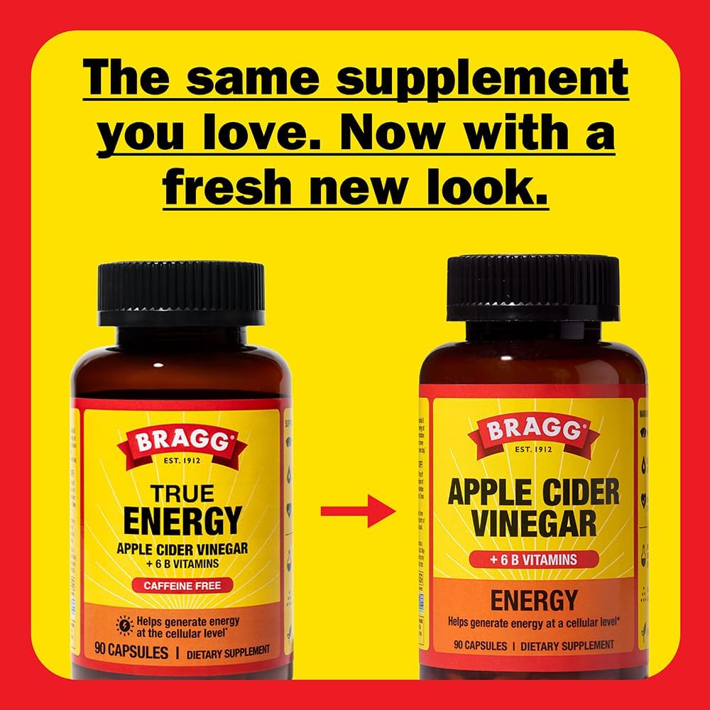 2 Pack Bragg Energy Apple Cider Vinegar Capsules with B Vitamins - 90 Capsules - Boosts Cellular Energy Production