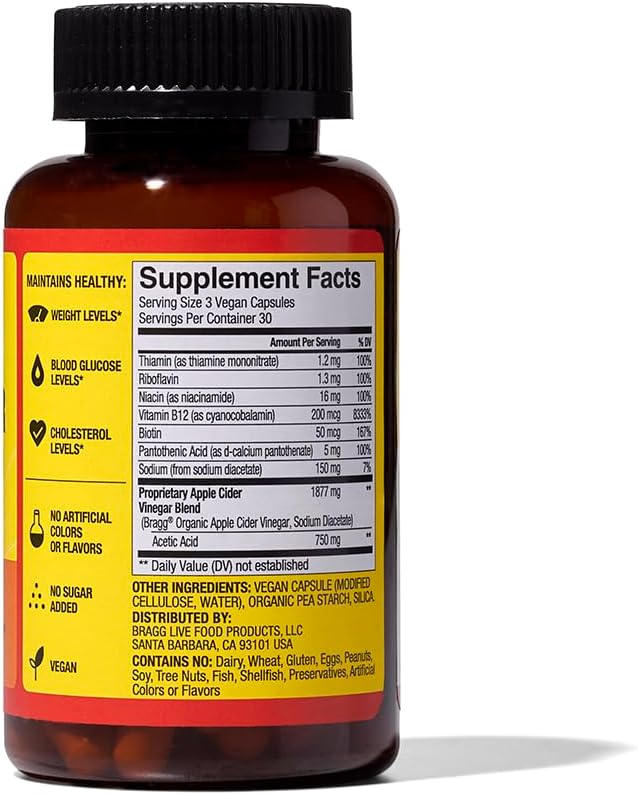 2 Pack Bragg Energy Apple Cider Vinegar Capsules with B Vitamins - 90 Capsules - Boosts Cellular Energy Production