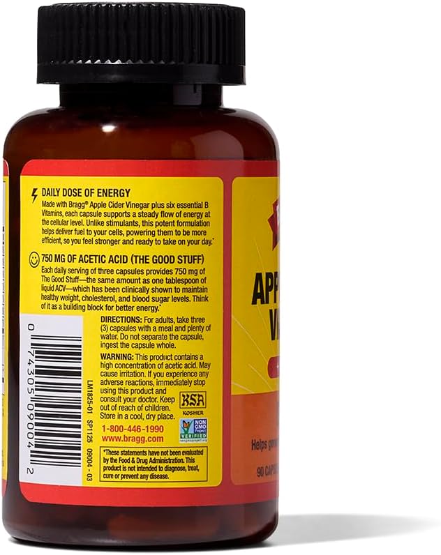 2 Pack Bragg Energy Apple Cider Vinegar Capsules with B Vitamins - 90 Capsules - Boosts Cellular Energy Production