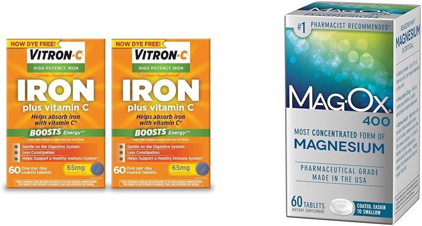 2-Pack Bundle: Vitron-C Iron Supplement with Vitamin C & Mag-Ox 400 Magnesium Mineral Dietary Supplement Tablets - 60 Count