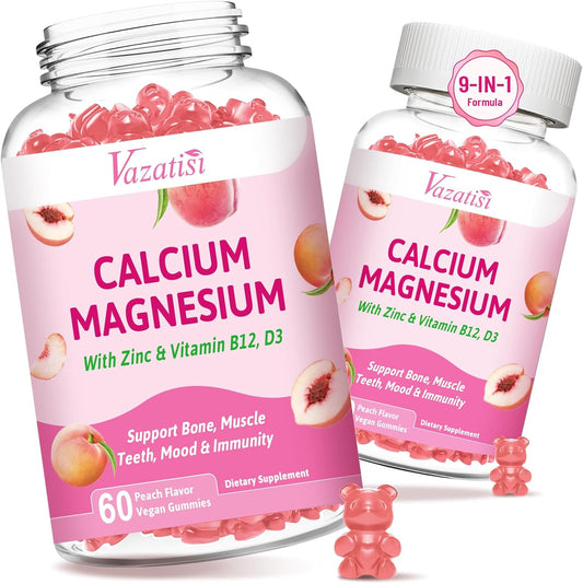 2 Pack Calcium Magnesium Zinc Gummies with Vitamin D3 B12 - Peach Flavor - 120 Count - Men & Women's Calcium Supplements