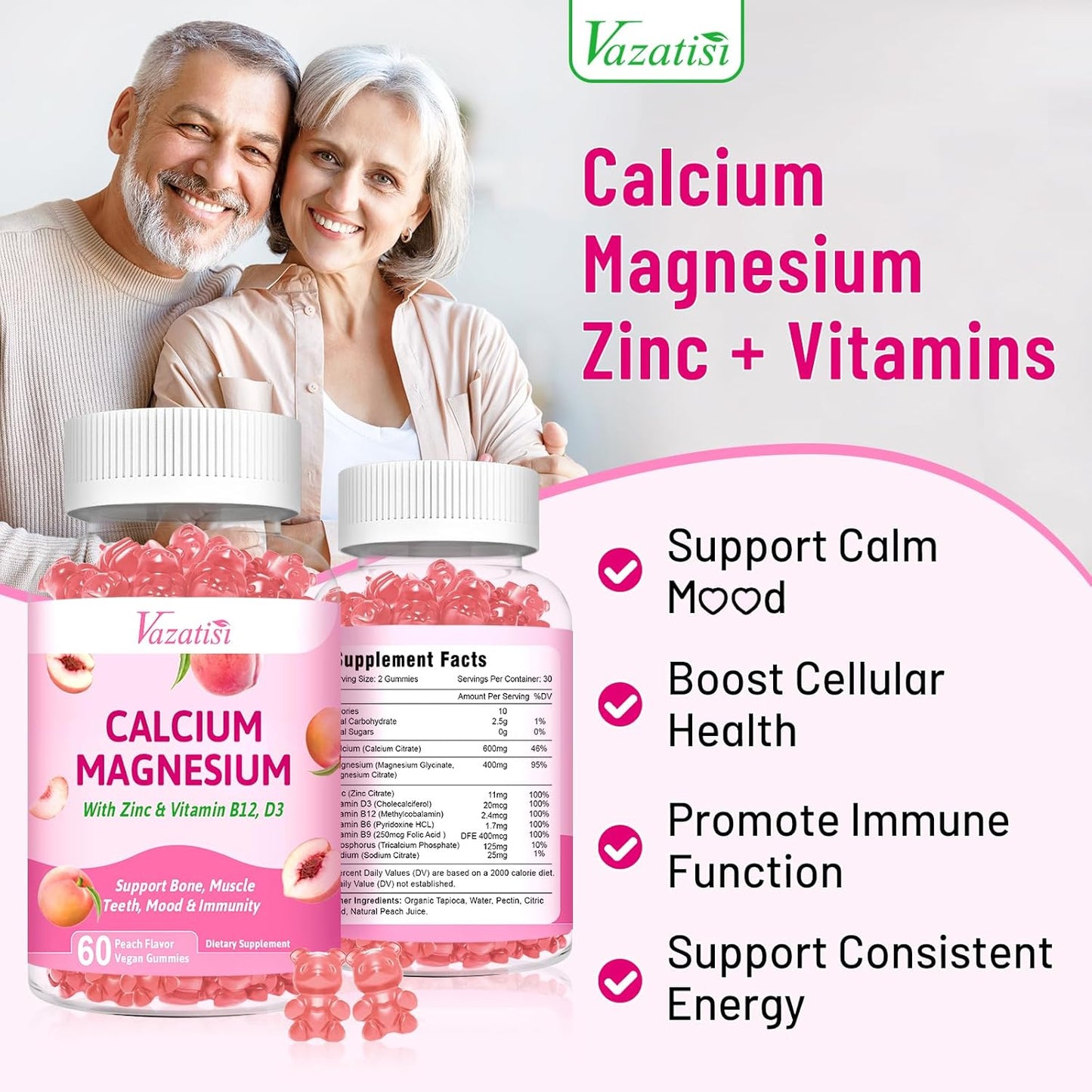 2 Pack Calcium Magnesium Zinc Gummies with Vitamin D3 B12 - Peach Flavor - 120 Count - Men & Women's Calcium Supplements
