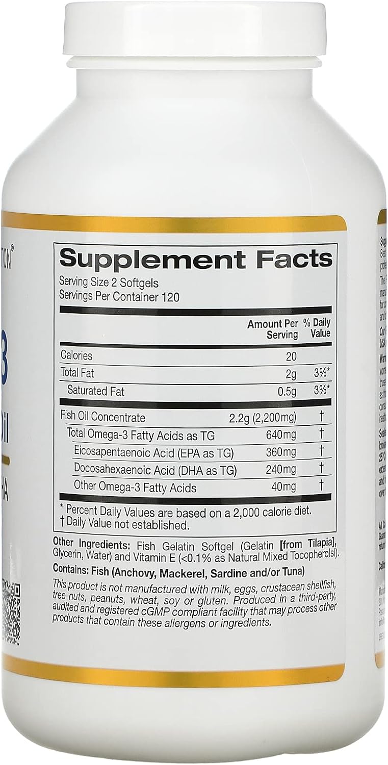 2 Pack California Gold Nutrition Premium Omega-3 Fish Oil Softgels, 180mg EPA, 120mg DHA, Concentrated Triglyceride Form, 240 Gelcaps