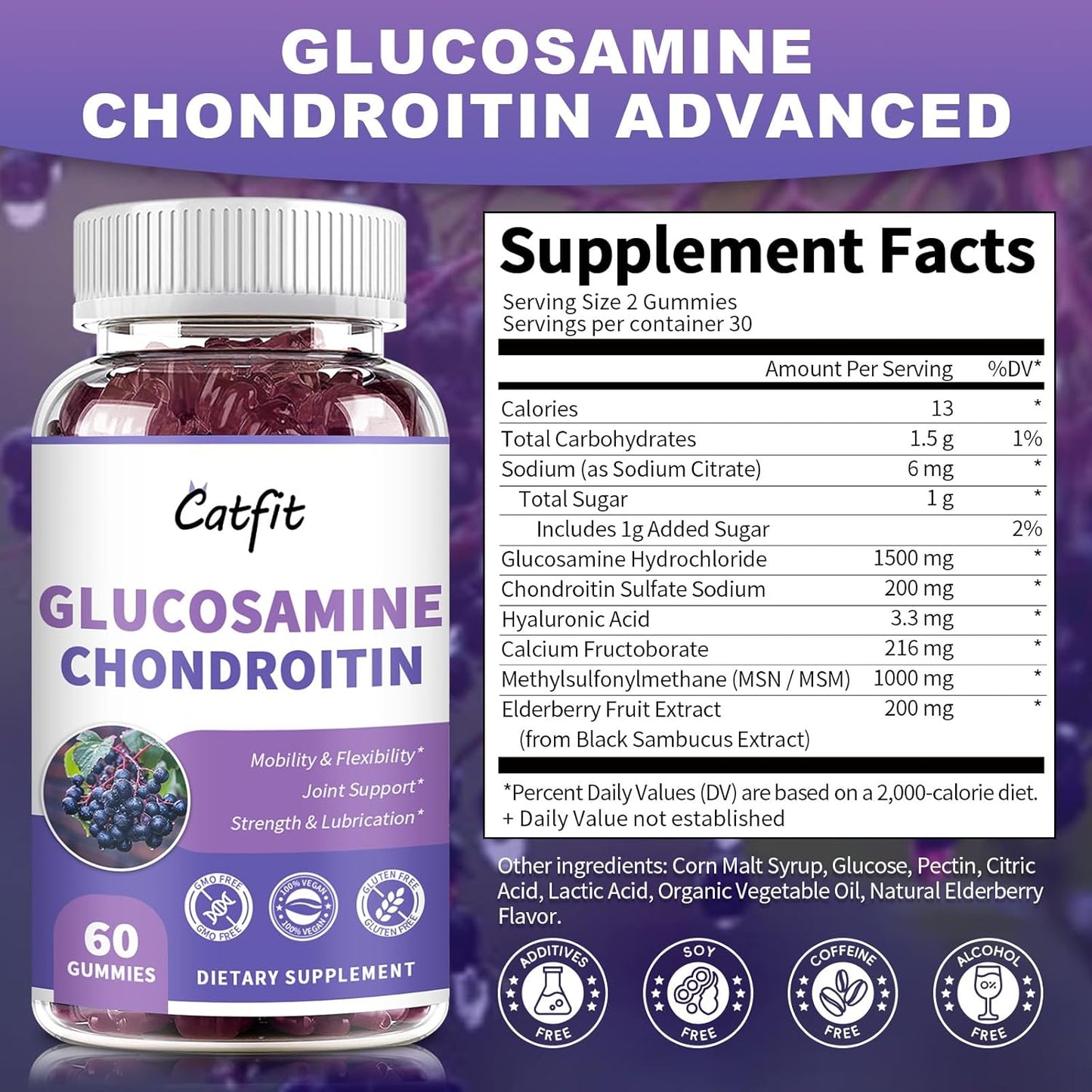 2 Pack Catfit Glucosamine Chondroitin Gummies with MSM, Elderberry - Joint & Immune Support for Adults
