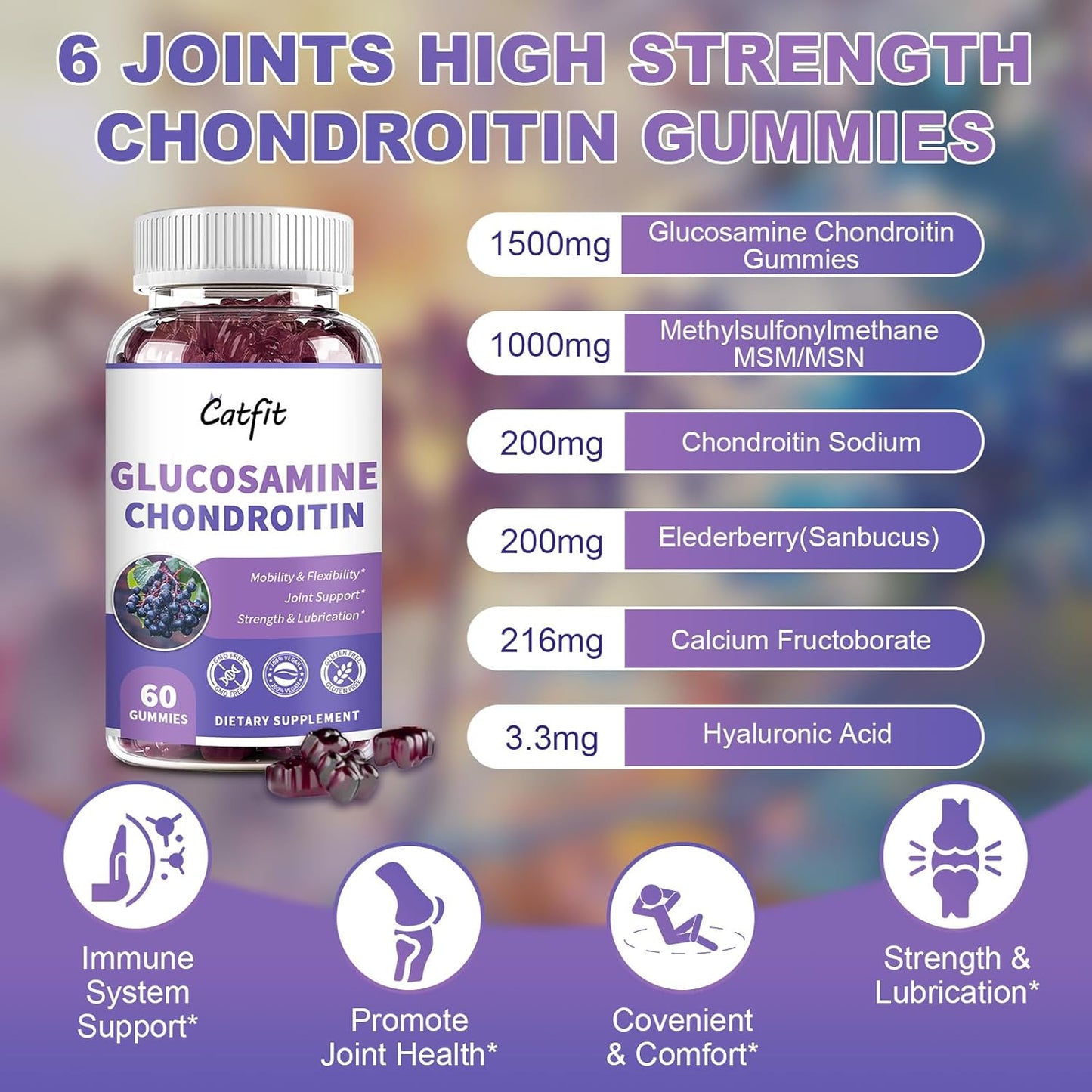 2 Pack Catfit Glucosamine Chondroitin Gummies with MSM, Elderberry - Joint & Immune Support for Adults
