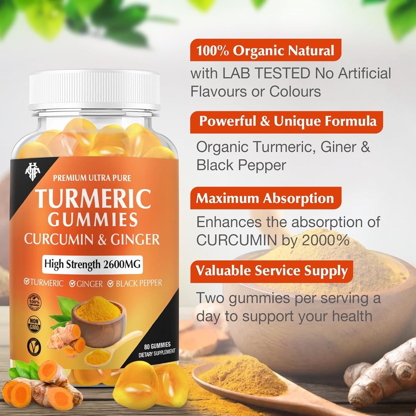 2 Pack CHANUBITO Turmeric Curcumin Gummies with Ginger & Black Pepper - Immune Support for Adults - Vegan, Gluten-Free, Low Sugar - Healthy Skin & Muscle Support