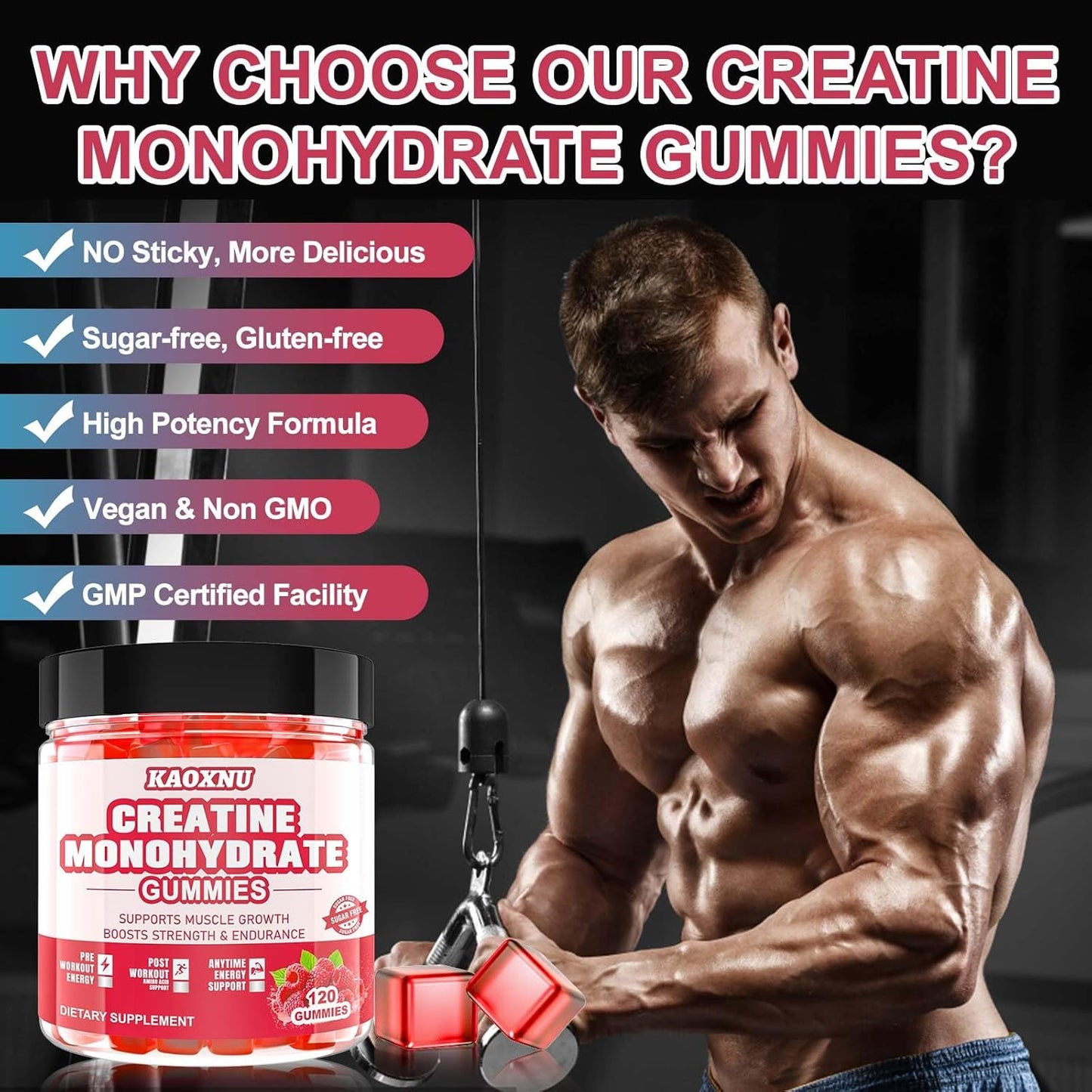2 Pack Creatine Monohydrate Gummies 120 CT - 5000mg per Serving - Sugar Free Chewable for Muscle Strength & Energy Boost