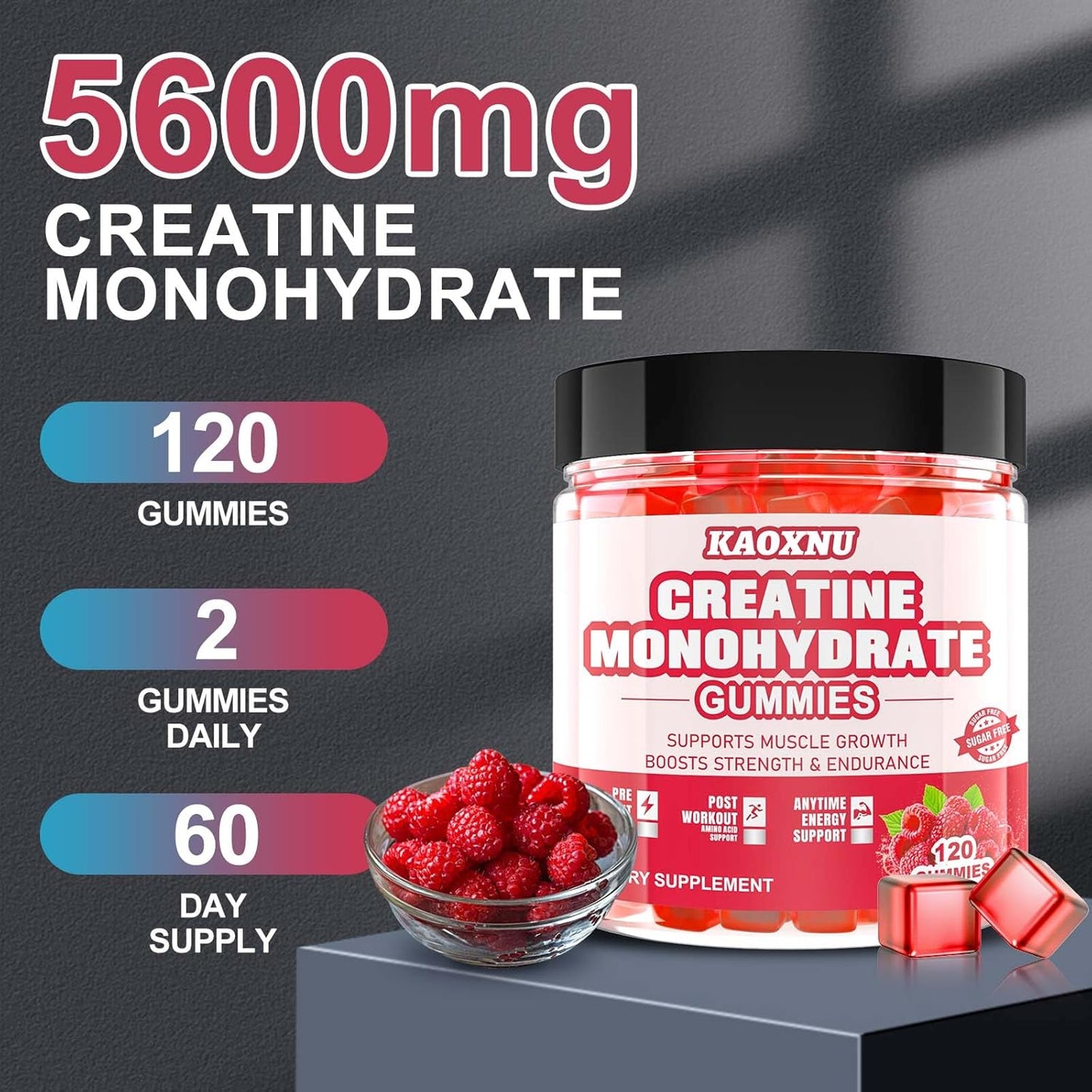 2 Pack Creatine Monohydrate Gummies 120 CT - 5000mg per Serving - Sugar Free Chewable for Muscle Strength & Energy Boost