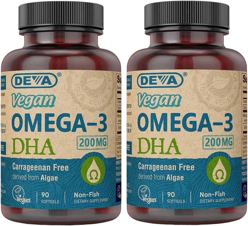 2-Pack DEVA Vegan Omega-3 DHA Softgels, 200 MG, Carrageenan & Gelatin Free, Non-Fish Algae Oil, 90ct - Once Daily Omega-3 Supplement