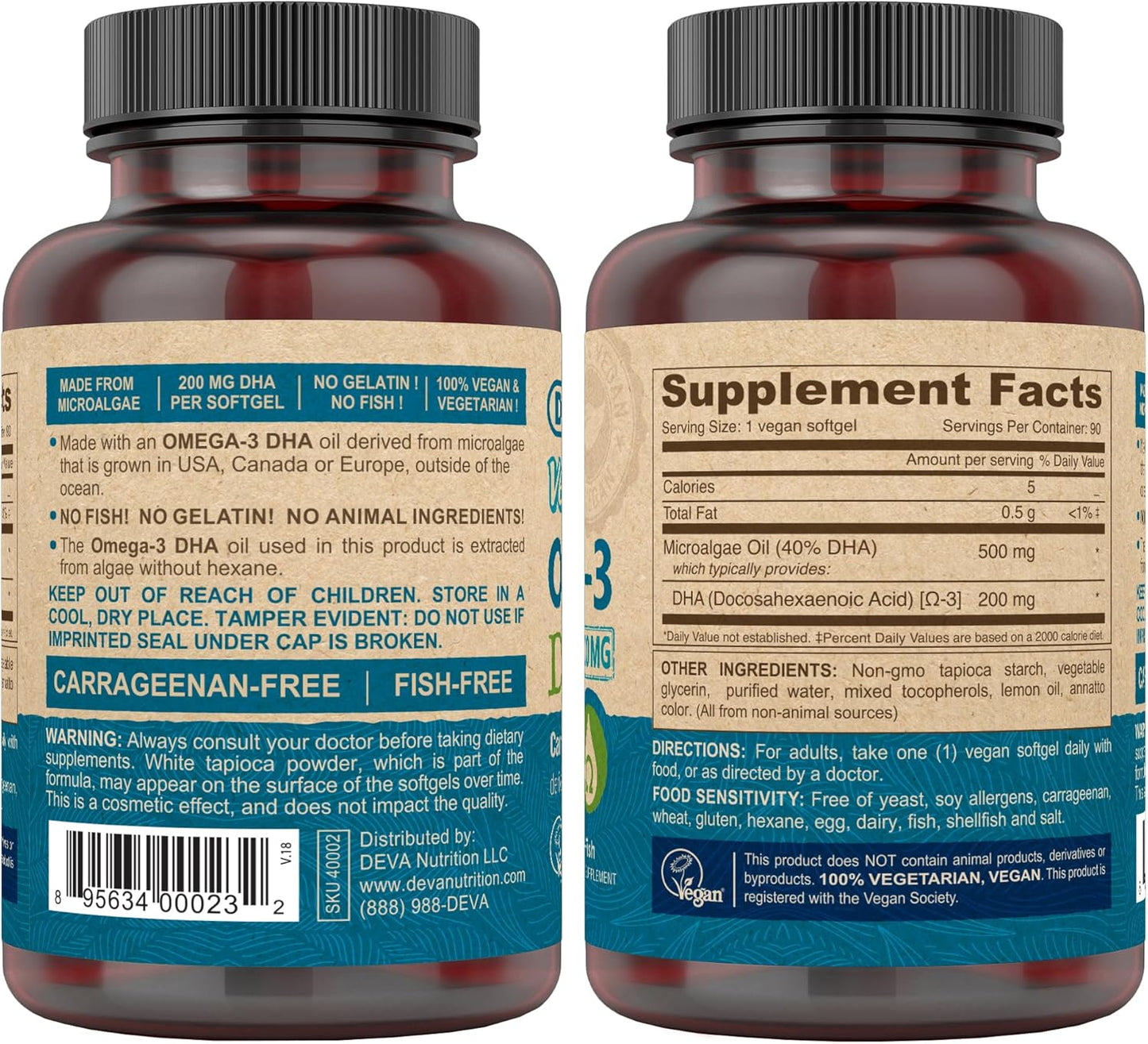 2-Pack DEVA Vegan Omega-3 DHA Softgels, 200 MG, Carrageenan & Gelatin Free, Non-Fish Algae Oil, 90ct - Once Daily Omega-3 Supplement