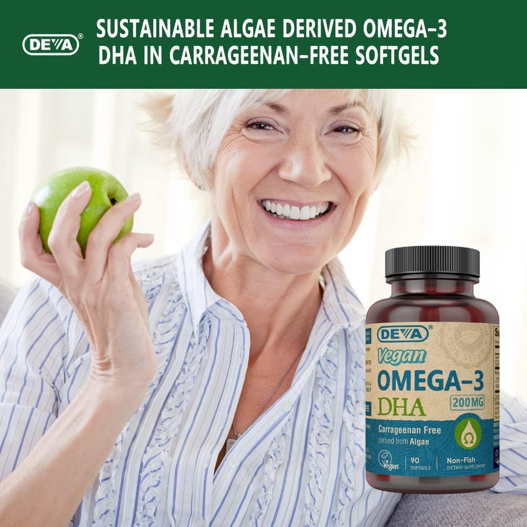 2-Pack DEVA Vegan Omega-3 DHA Softgels, 200 MG, Carrageenan & Gelatin Free, Non-Fish Algae Oil, 90ct - Once Daily Omega-3 Supplement