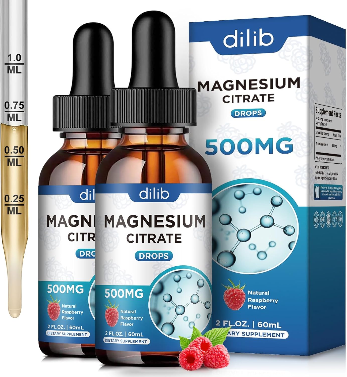 (2 Pack) dilib Magnesium Citrate Liquid Drops 500mg Supplement - Supports Stress Relief, Bone, Muscle, Mood, Sleep - 4 Fl Oz, Vegan, Raspberry Flavor