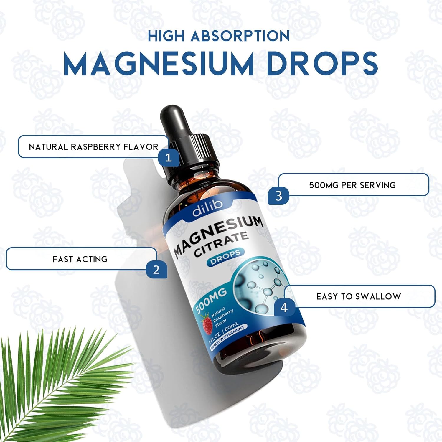 (2 Pack) dilib Magnesium Citrate Liquid Drops 500mg Supplement - Supports Stress Relief, Bone, Muscle, Mood, Sleep - 4 Fl Oz, Vegan, Raspberry Flavor