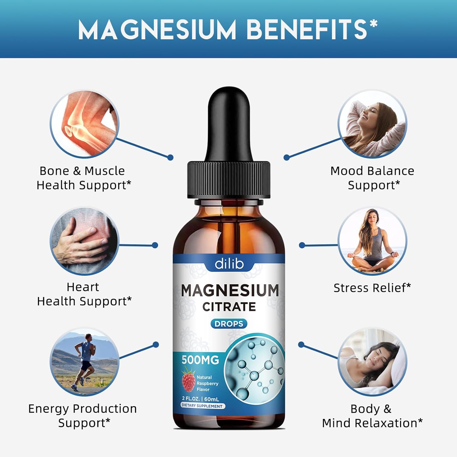 (2 Pack) dilib Magnesium Citrate Liquid Drops 500mg Supplement - Supports Stress Relief, Bone, Muscle, Mood, Sleep - 4 Fl Oz, Vegan, Raspberry Flavor