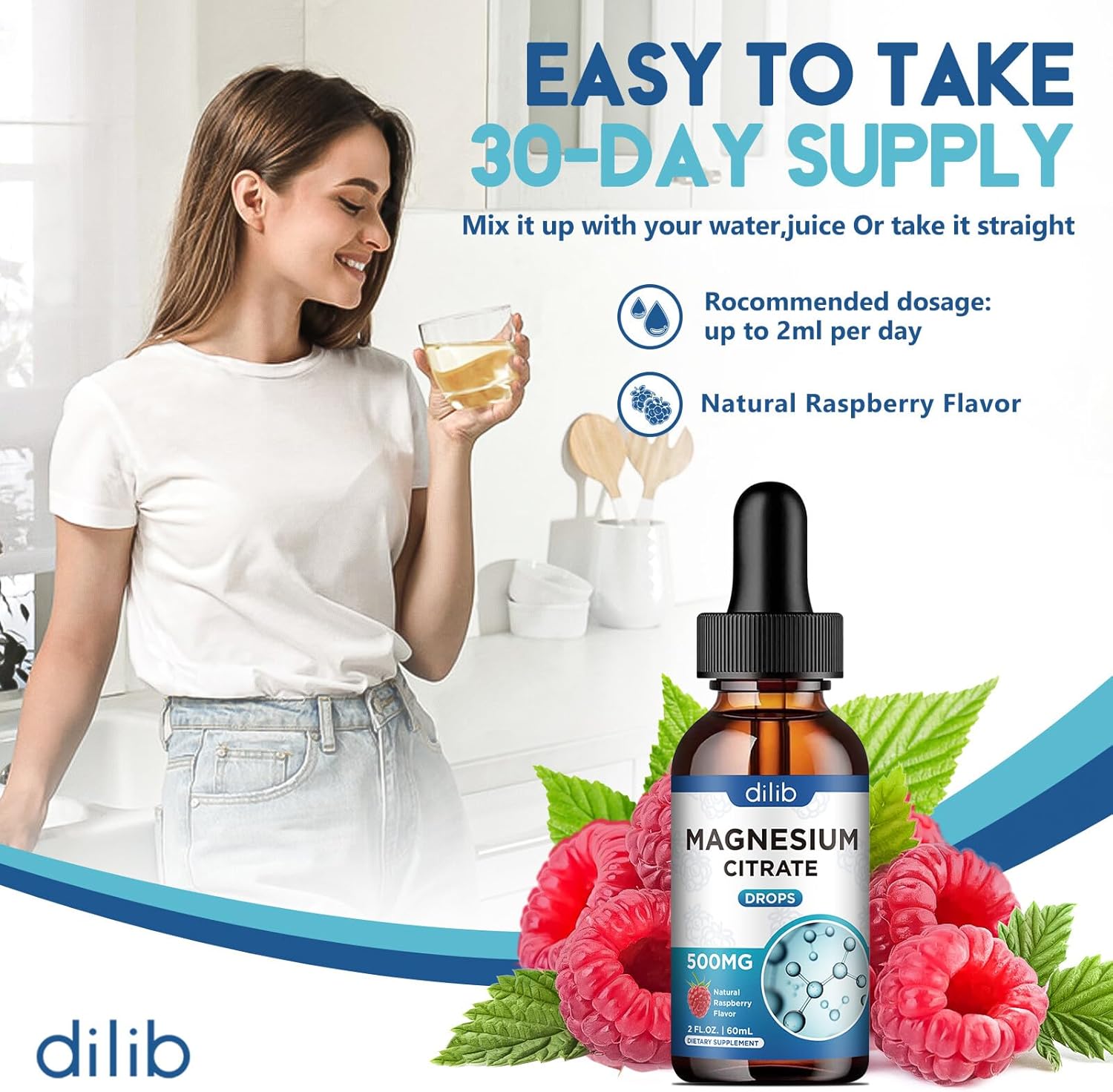 (2 Pack) dilib Magnesium Citrate Liquid Drops 500mg Supplement - Supports Stress Relief, Bone, Muscle, Mood, Sleep - 4 Fl Oz, Vegan, Raspberry Flavor