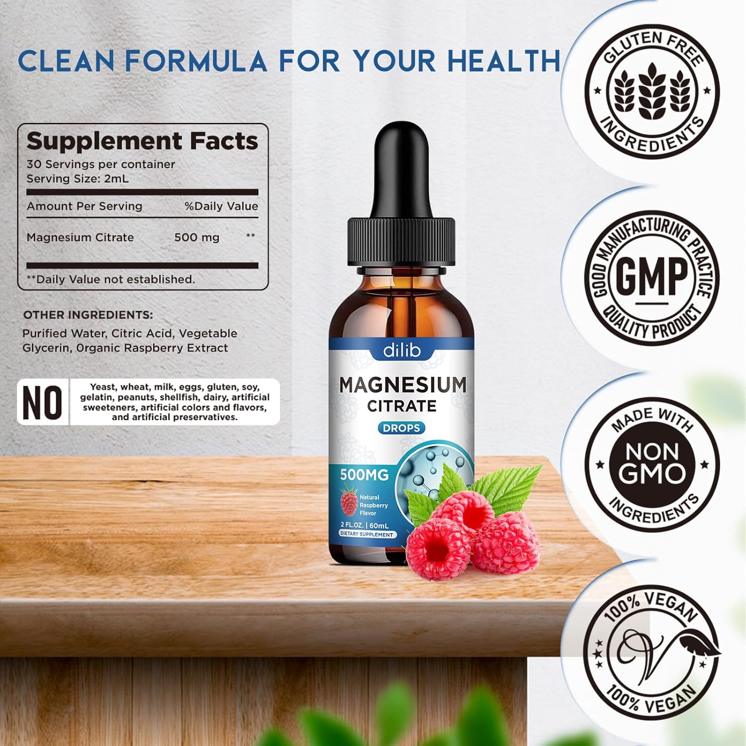 (2 Pack) dilib Magnesium Citrate Liquid Drops 500mg Supplement - Supports Stress Relief, Bone, Muscle, Mood, Sleep - 4 Fl Oz, Vegan, Raspberry Flavor