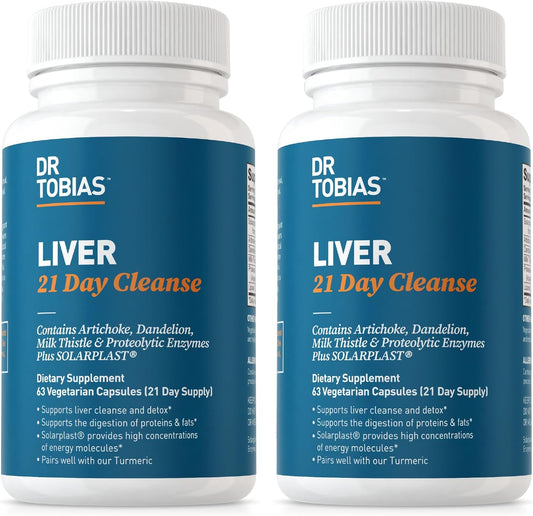 2 Pack Dr. Tobias Liver Cleanse 21 Day Detox with Solarplast, Artichoke, Milk Thistle, Dandelion, Digestive Enzymes - 63 Veg Capsules, 3 Daily