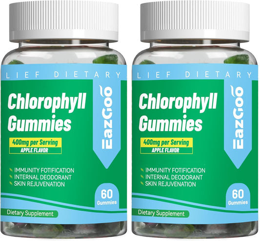 2 Pack EAZGOO Sugar-Free Chlorophyll Gummies with Vitamin B12 and Zinc for Skin Health & Detox, Energy Boost and Metabolism Support - 120 Chewable Supplements for Men & Women