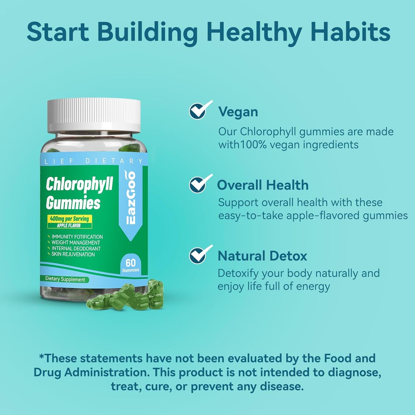 2 Pack EAZGOO Sugar-Free Chlorophyll Gummies with Vitamin B12 and Zinc for Skin Health & Detox, Energy Boost and Metabolism Support - 120 Chewable Supplements for Men & Women