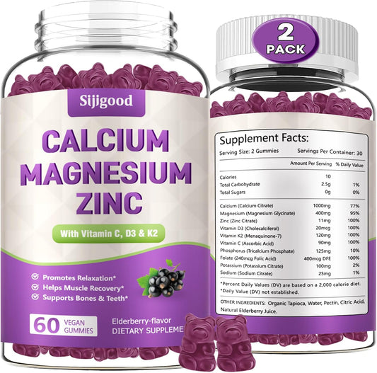 2 Pack Elderberry Flavored Calcium Magnesium Zinc Gummies with Vitamin D3 & K2 - 120 Count - High Absorption for Bone, Muscle, Calm & Sleep Support - BoostGo Australia