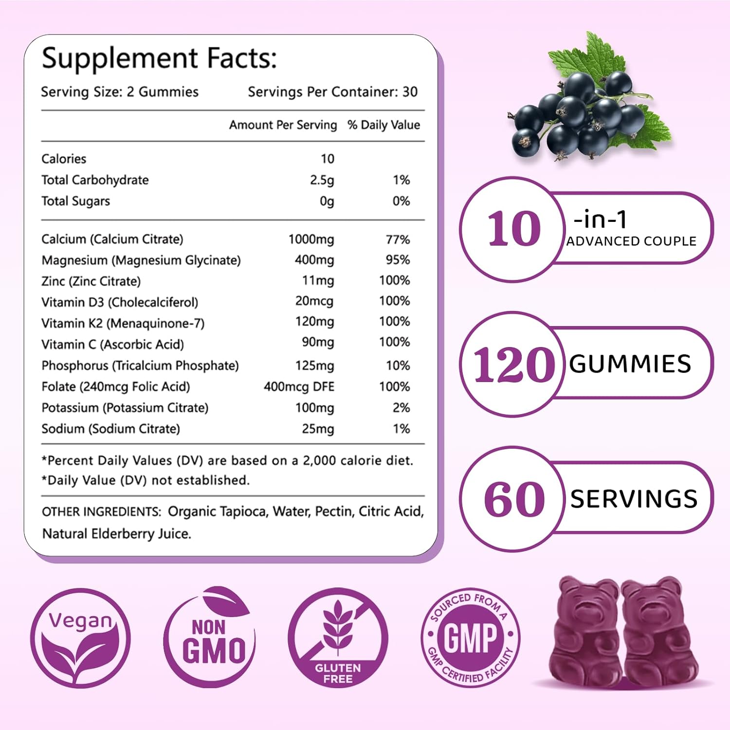 2 Pack Elderberry Flavored Calcium Magnesium Zinc Gummies with Vitamin D3 & K2 - 120 Count - High Absorption for Bone, Muscle, Calm & Sleep Support - BoostGo Australia