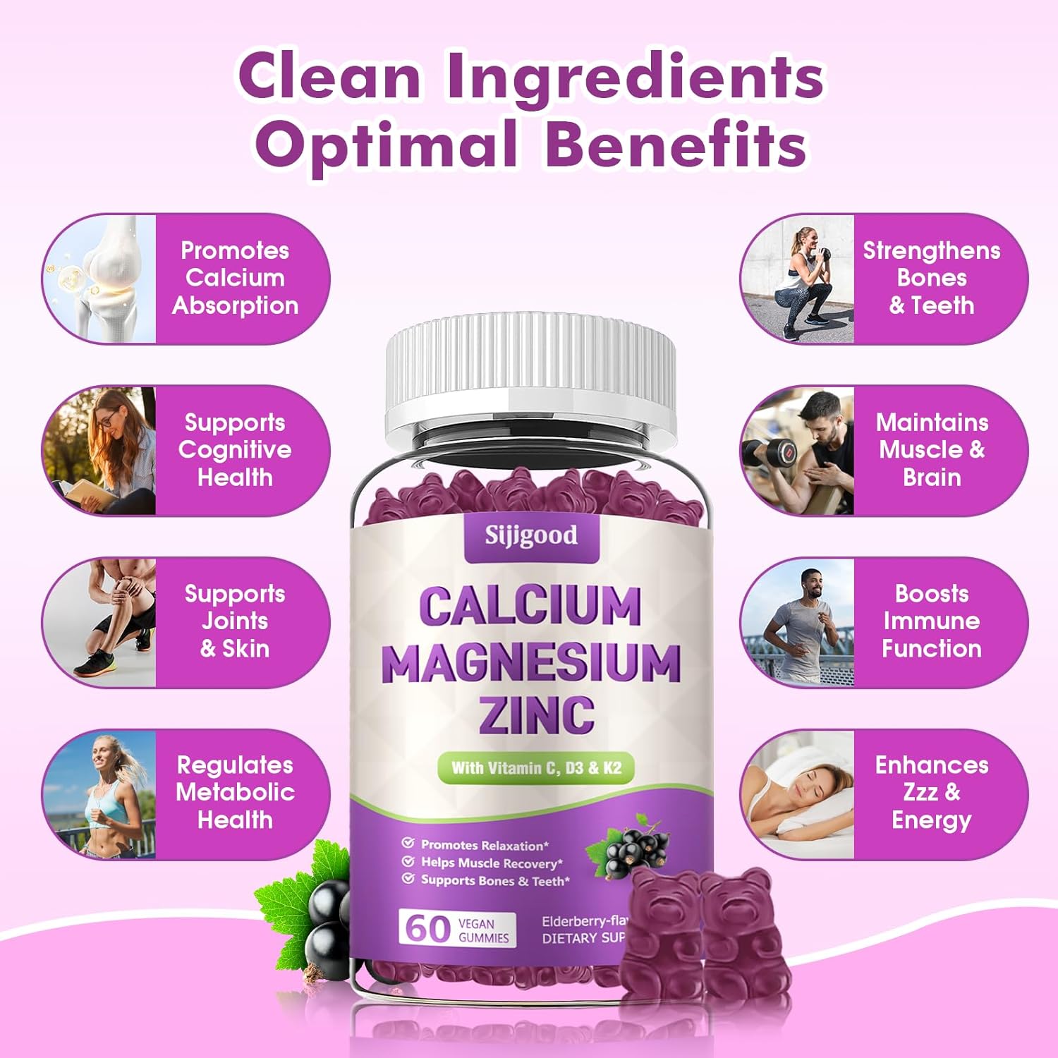 2 Pack Elderberry Flavored Calcium Magnesium Zinc Gummies with Vitamin D3 & K2 - 120 Count - High Absorption for Bone, Muscle, Calm & Sleep Support - BoostGo Australia