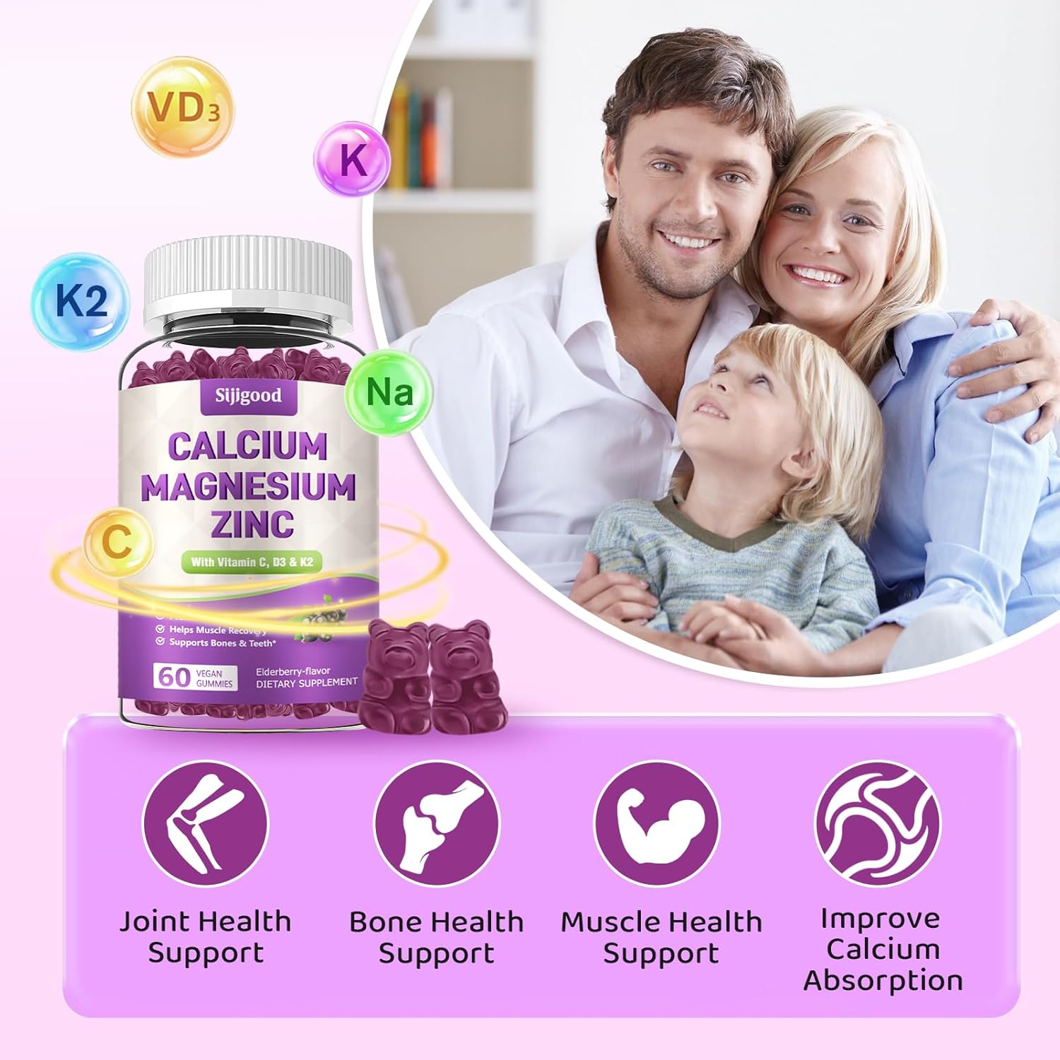 2 Pack Elderberry Flavored Calcium Magnesium Zinc Gummies with Vitamin D3 & K2 - 120 Count - High Absorption for Bone, Muscle, Calm & Sleep Support - BoostGo Australia