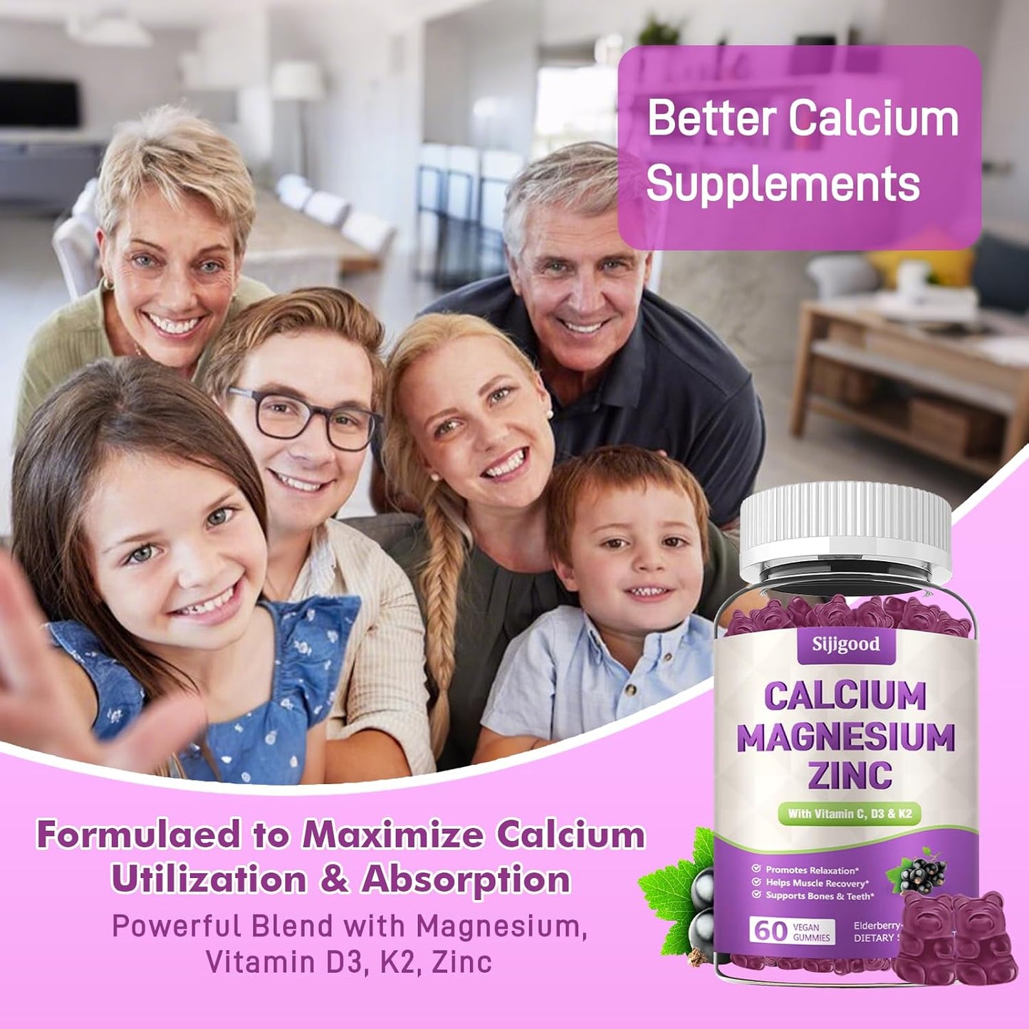 2 Pack Elderberry Flavored Calcium Magnesium Zinc Gummies with Vitamin D3 & K2 - 120 Count - High Absorption for Bone, Muscle, Calm & Sleep Support - BoostGo Australia