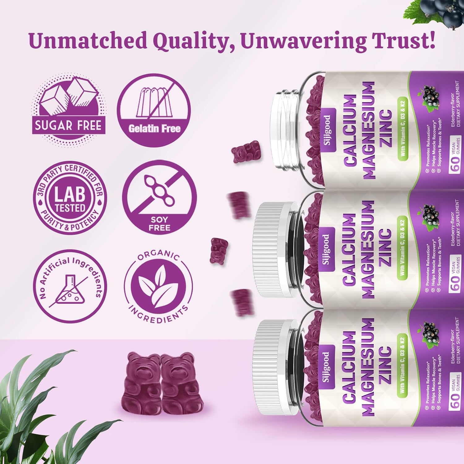 2 Pack Elderberry Flavored Calcium Magnesium Zinc Gummies with Vitamin D3 & K2 - 120 Count - High Absorption for Bone, Muscle, Calm & Sleep Support - BoostGo Australia