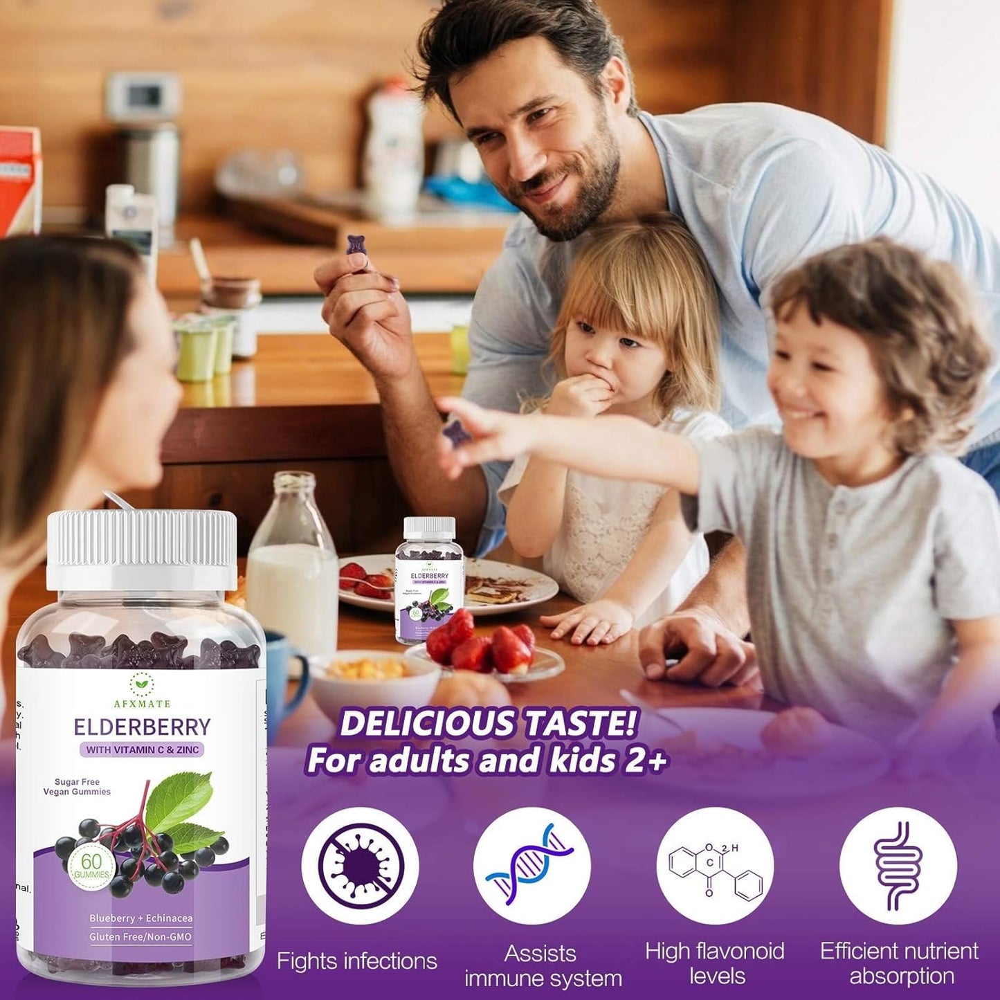 2 Pack Elderberry Gummies with Zinc and Vitamin C - Sambucus Black Elderberry for Adults and Kids, 120 Gummies - BoostGo Australia