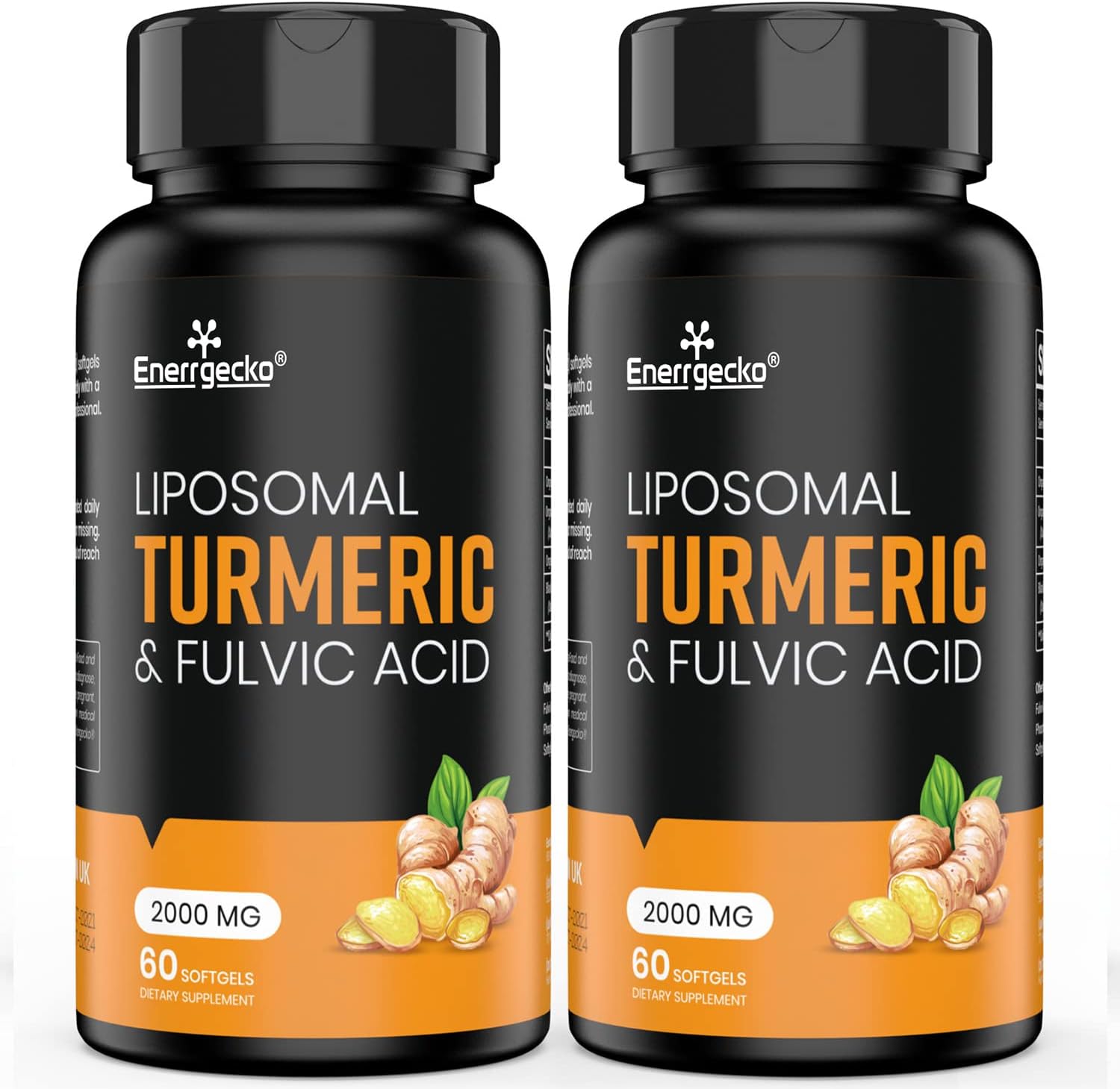 2-Pack Enerrgecko 2000mg Liposomal Turmeric Curcumin with Black Pepper & Ginger - Enhanced Absorption with Fulvic Acid & Humic Acid - 60 Count